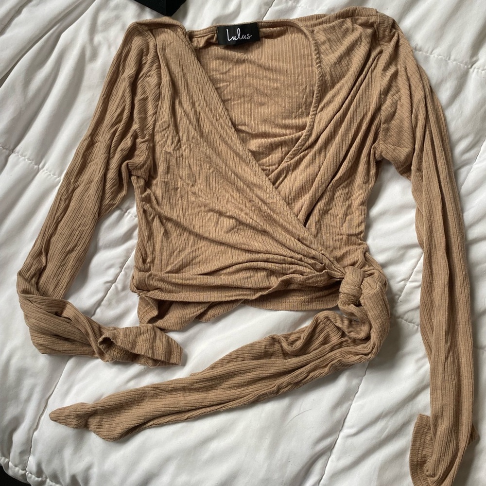 Lulu's Camel Ribbed Wrap Blouse